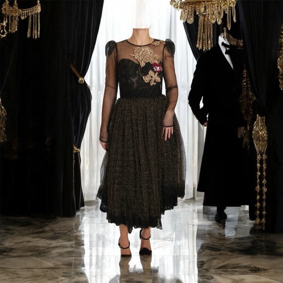 Dolce & Gabbana Black Gold Crystal Heart A-line Dress IT38 XS - Picture 9 of 10